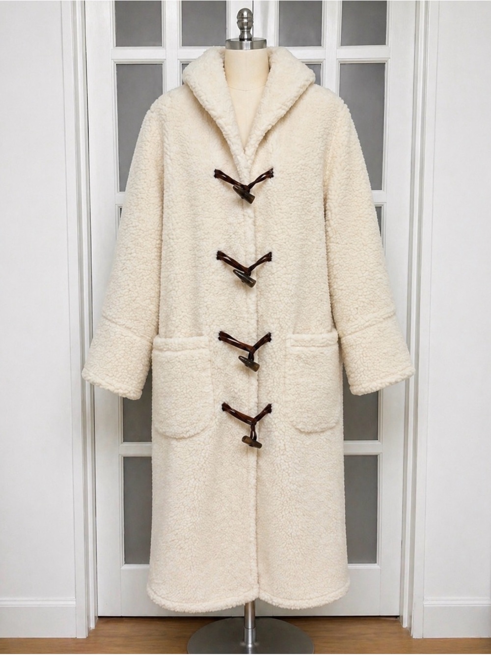 Vintage Sherpa Toggle Coat Ivory Teddy Fleece Long Coat Women’s Small